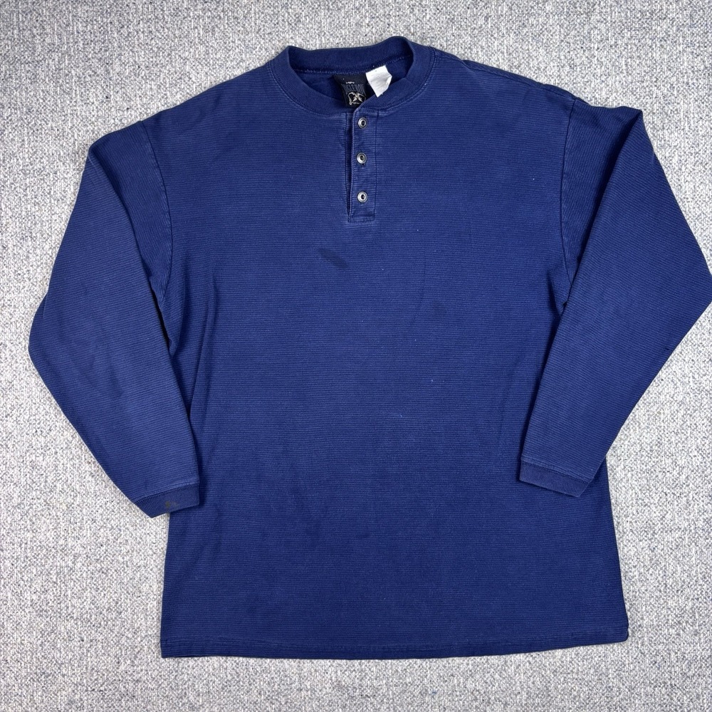 Vintage 90s Bugle Boy Waffle Knit Henley Shirt Mens Long Sleeve Blue